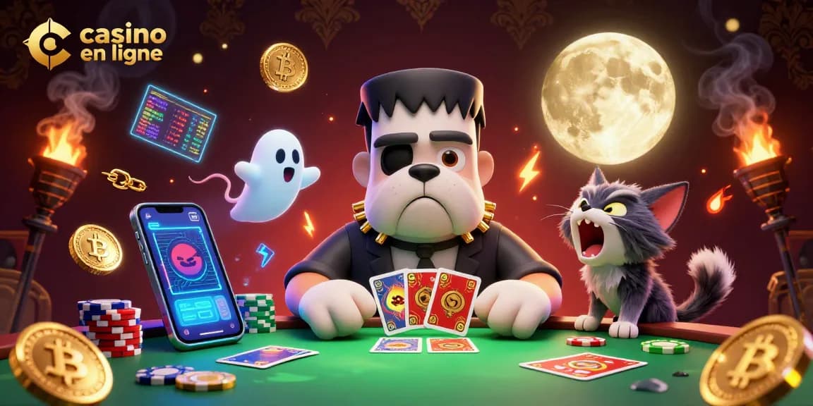 Le casino en ligne offre une scène animée avec un bulldog Frankenstein et un chat loup jouant aux cartes.