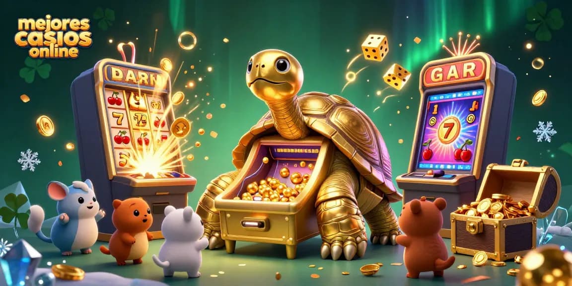 Mejores casinos online en una escena vibrante con tortuga de oro y tragamonedas explotando en monedas.