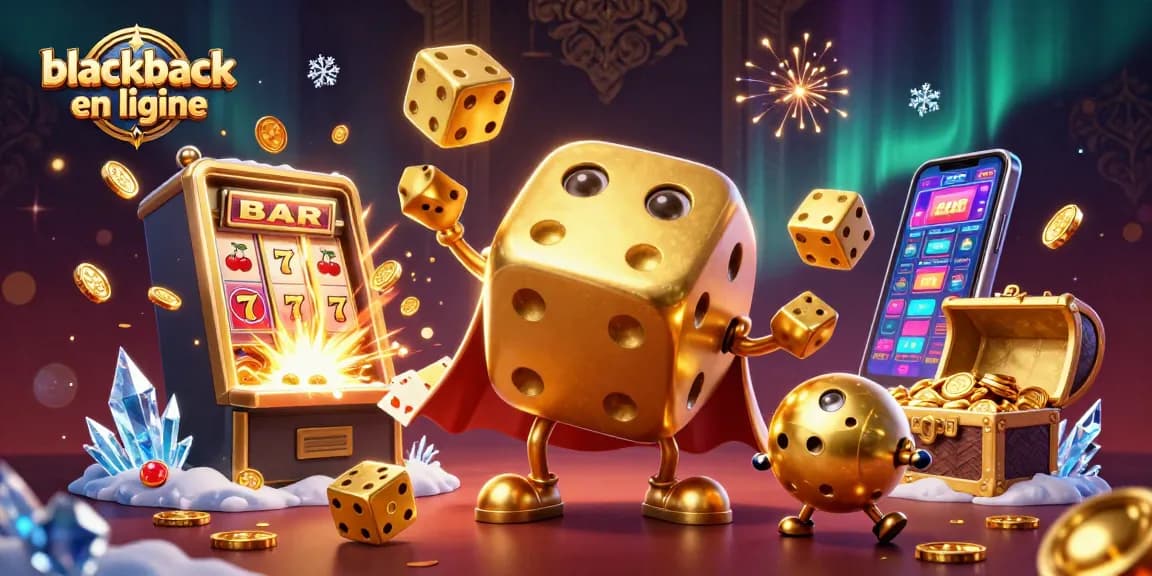 Jouer au blackjack en ligne avec une expérience animée par des dés dorés et des jetons.