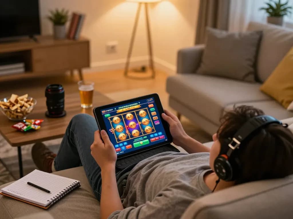 Player engaging in a thrilling slot kamboja game on a tablet at home, showcasing colorful graphics and strategic setup.