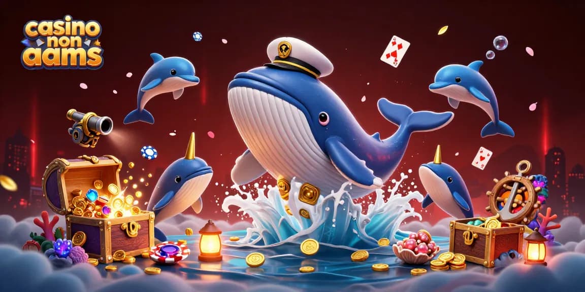 Giocando nei casinò non AAMS, una balena gigante e delfini giocano con le fiches di poker e monete dorate.