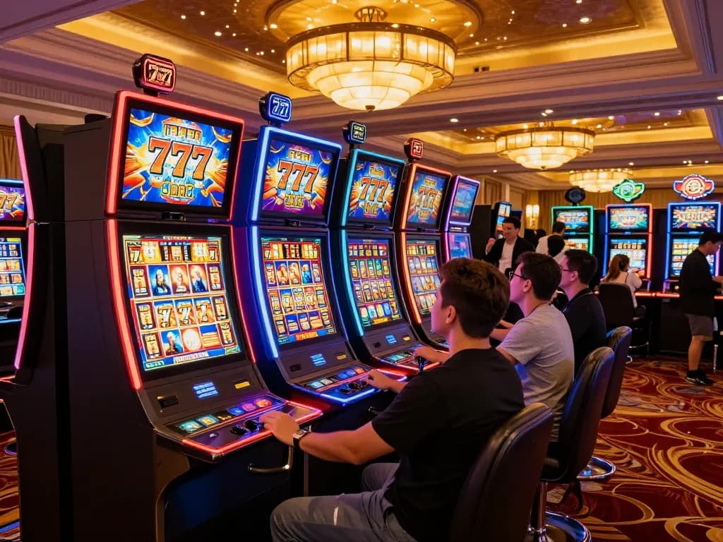 Spinning 777 slot machine reels in an upscale casino with vibrant lights and eager players.