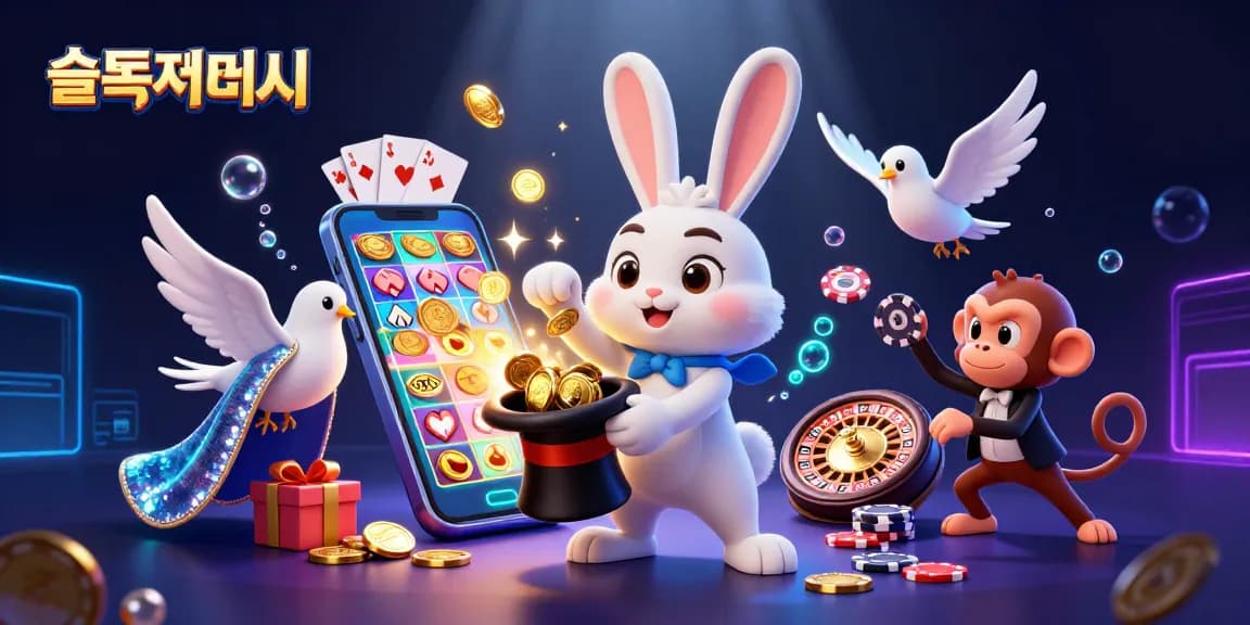 슬롯사이트에서 황금 동전을 뽑아내는 마법사 토끼와 슬롯 게임 요소가 가득한 3D 아트