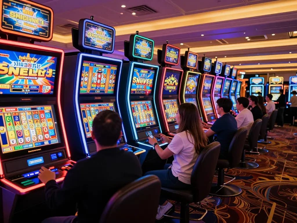 Players enjoying vibrant slot machines at a situs slot casino, with exciting reels spinning and colorful lights.
