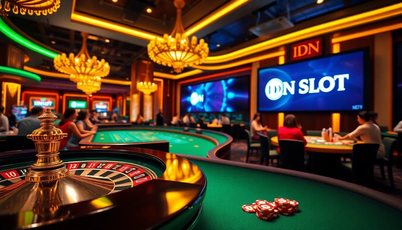 Experience idnslot excitement at a luxurious casino table with poker chips and roulette.