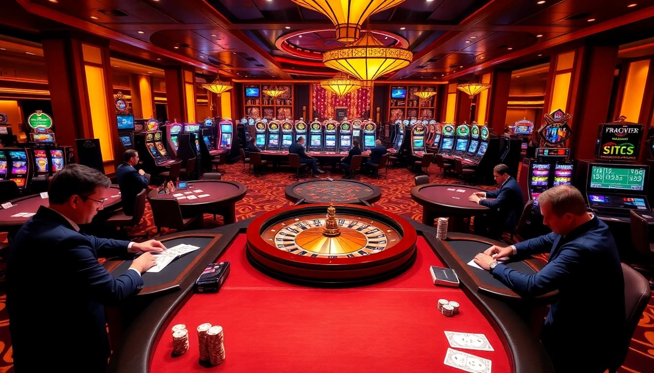 Scène captivante dans un casino en ligne français luxueux 2026 mettant en vedette la roulette, le poker et des machines à sous.