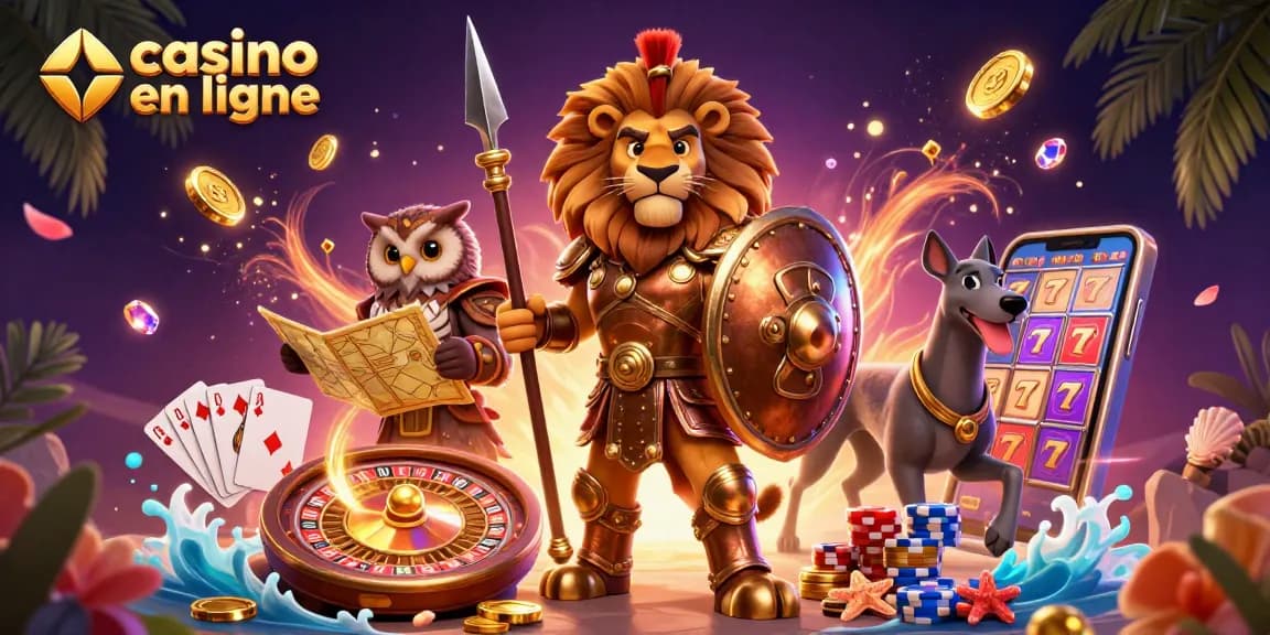 Jouez au casino en ligne avec des personnages fantastiques entourés de pièces d'or et de jeux d'argent.