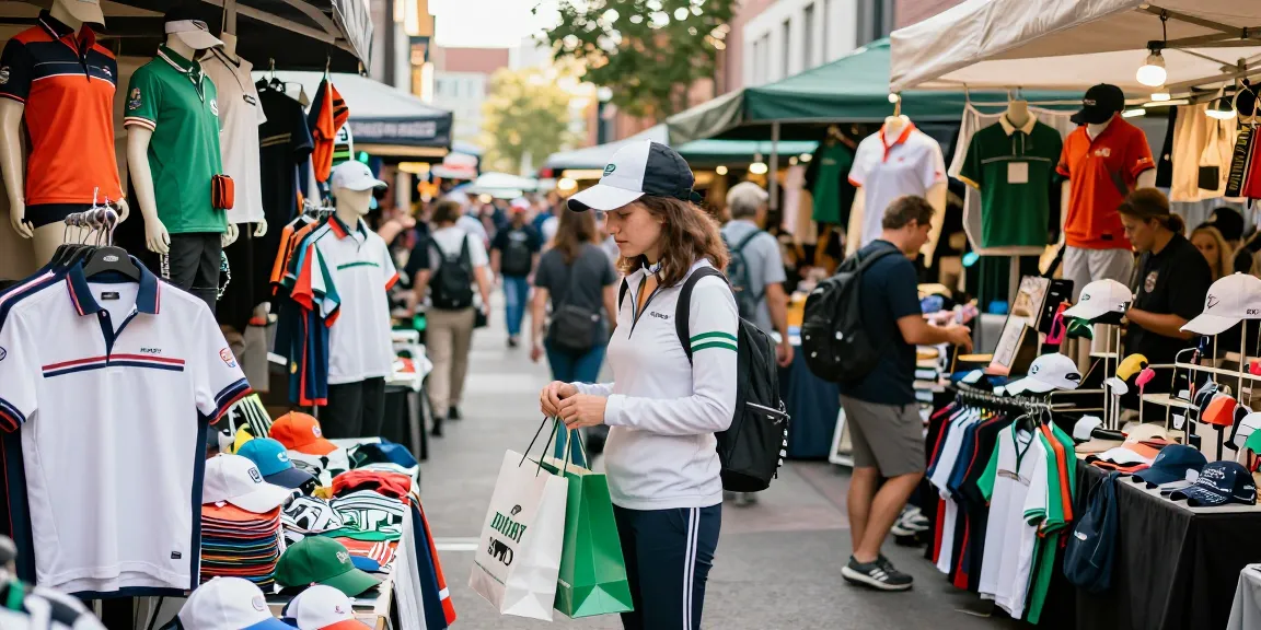 Shopping for high-quality 골프웨어 레플리카 in a vibrant urban market with stylish displays and engaging local vendors.