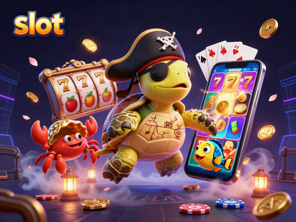 Join this colorful slot adventure with a pirate turtle, crab, and fish amidst treasure and game elements.