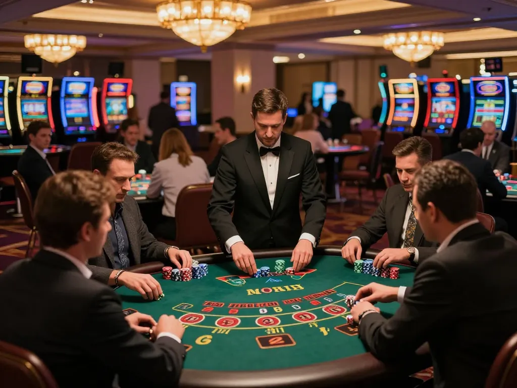 Players engaging with high-stakes games at 388bet casino floor, showcasing vibrant atmosphere and strategic gameplay