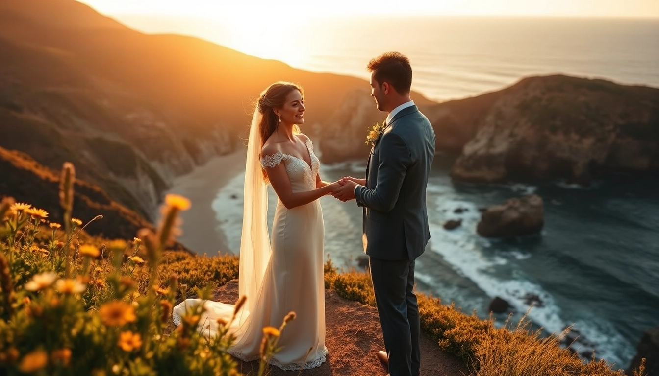 Couple celebrating their Big Sur wedding photography against a stunning ocean sunset.