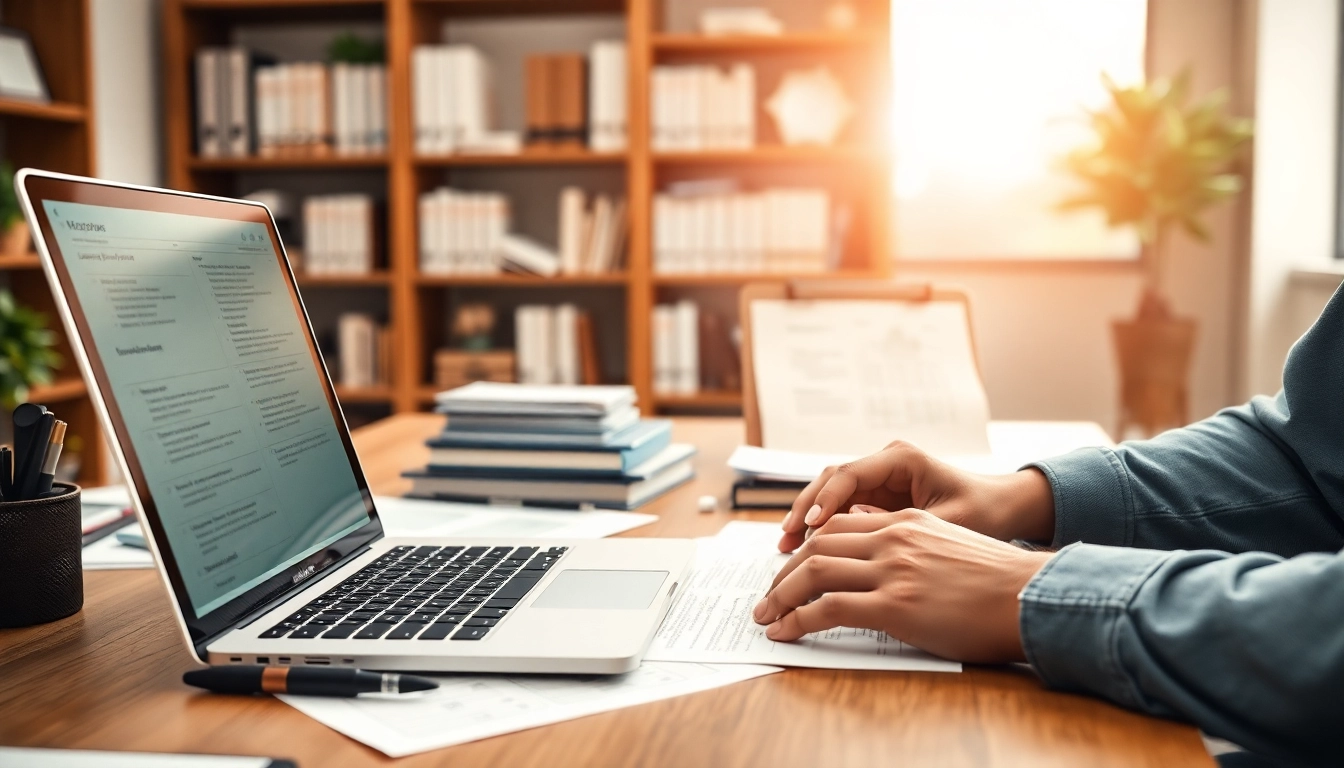 Engaging proposal writing and management workspace with documents and laptop.