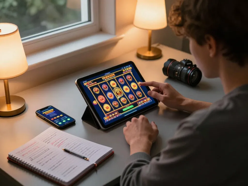 Engaging in exciting slot thailand gameplay on tablet while managing strategy notes at home.