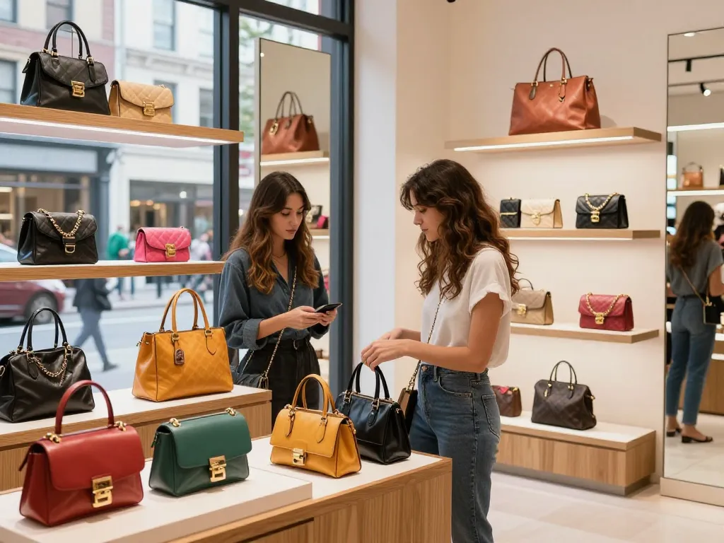 High-quality 레플리카 쇼핑몰 handbags displayed in a trendy urban boutique.