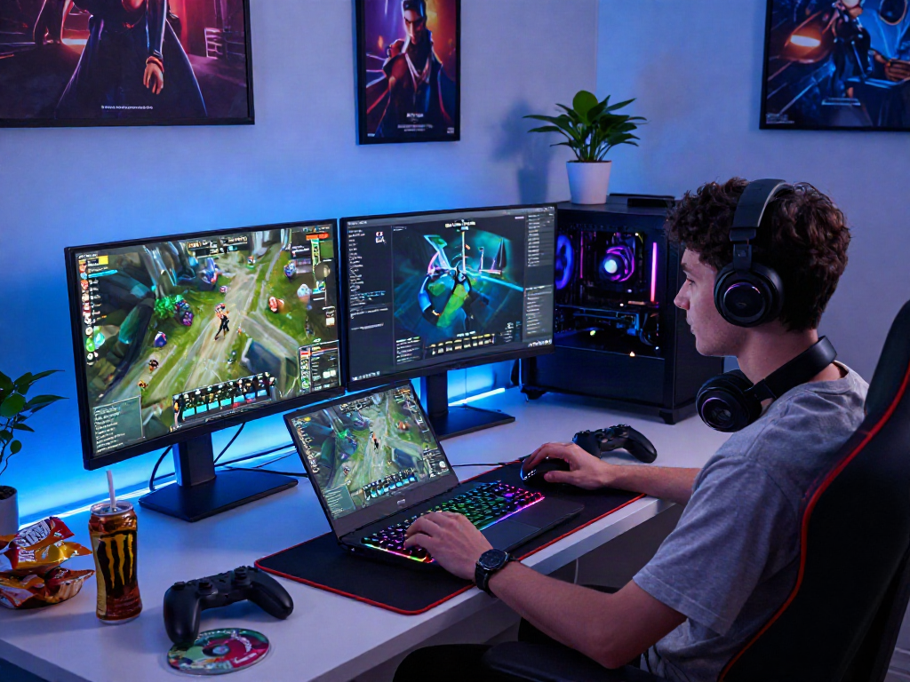 Engaging GGSoft login workspace with vibrant gaming setup and multitasking environment.