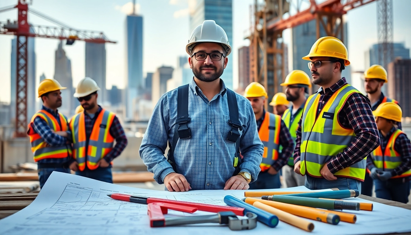 Construction site led by a New York Commercial General Contractor with blueprints and vibrant city skyline.