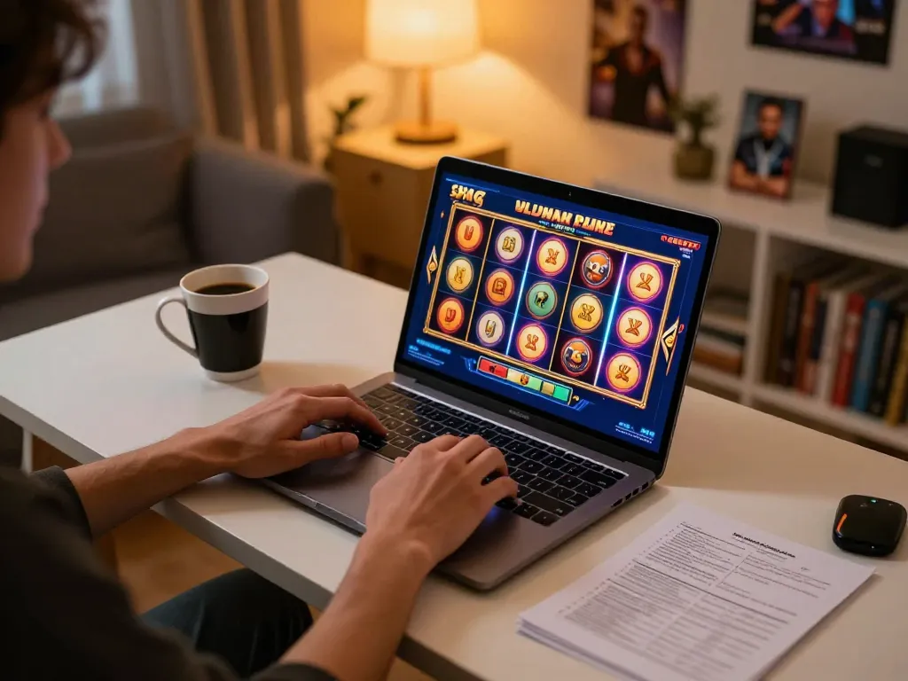 Engaging scene of online gambling featuring Link Slot Gacor on a laptop with vibrant graphics.