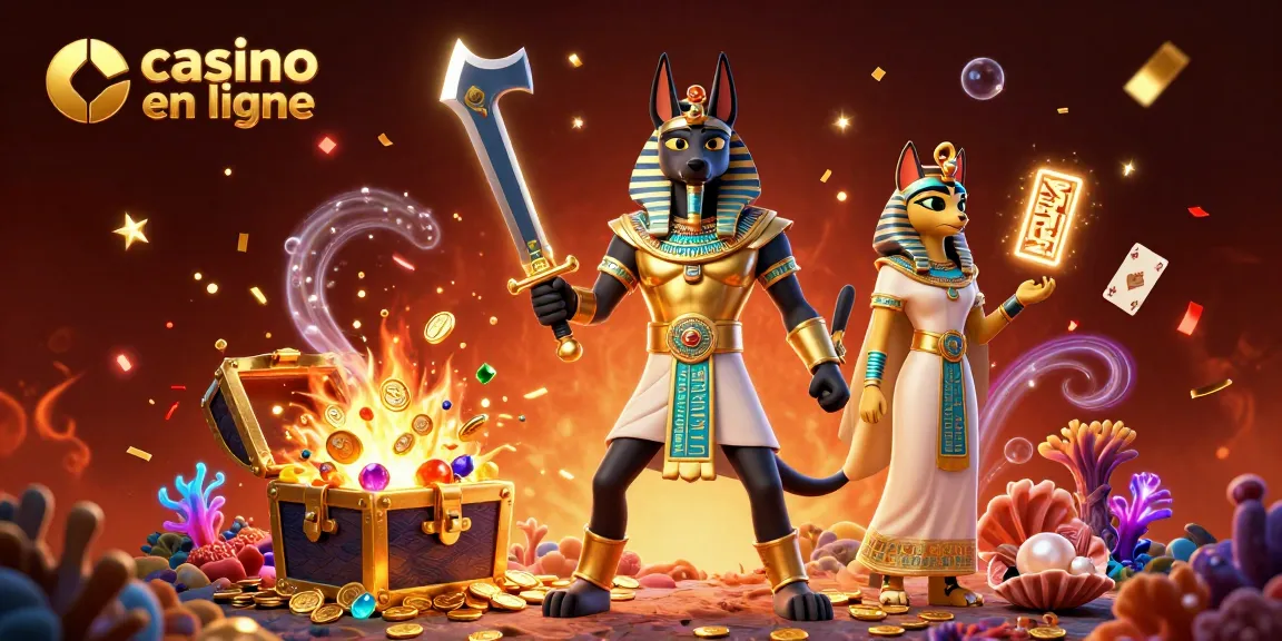 Plongez dans le monde de casino en ligne avec Anubis et Bastet, entourés de trésors.