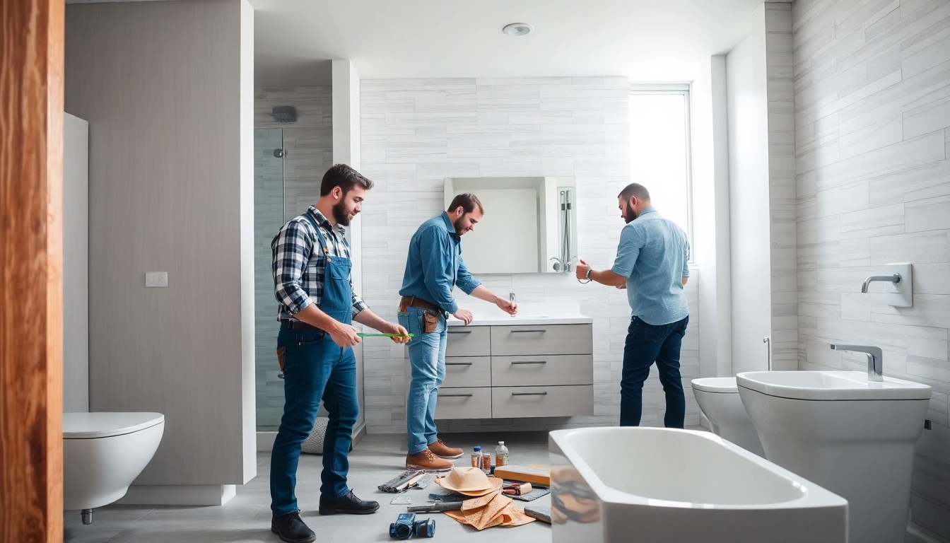 bathroom builders installing modern fixtures in a beautifully designed space