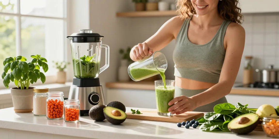 Health-conscious individual blending natural astaxanthin smoothie in a sunny kitchen.
