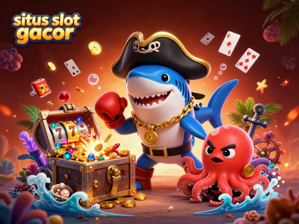 Gambar situs slot gacor yang menampilkan hiu bajak laut 3D dan teman-teman lautnya di lautan yang penuh harta
