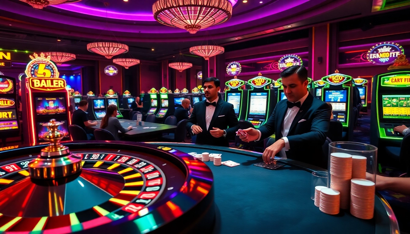 Scène captivante d'un luxueux casino en ligne Français 2026 avec des joueurs de poker et une roulette en rotation.