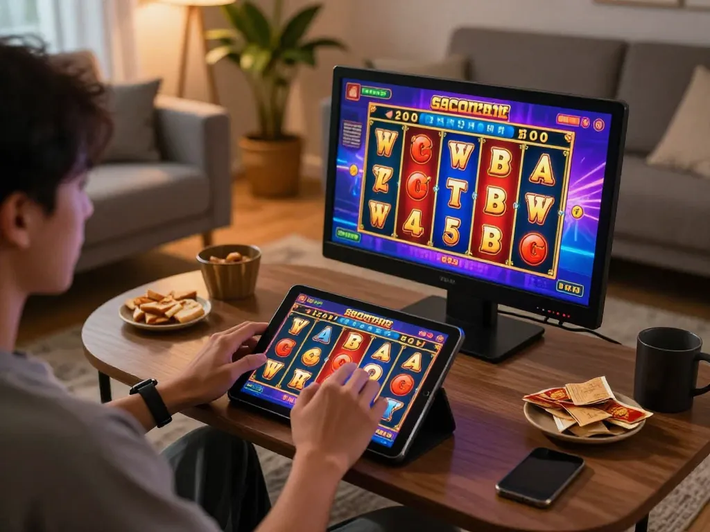Engaging in online slot gacor sore ini gameplay on a tablet in a cozy home setting for strategic wins.