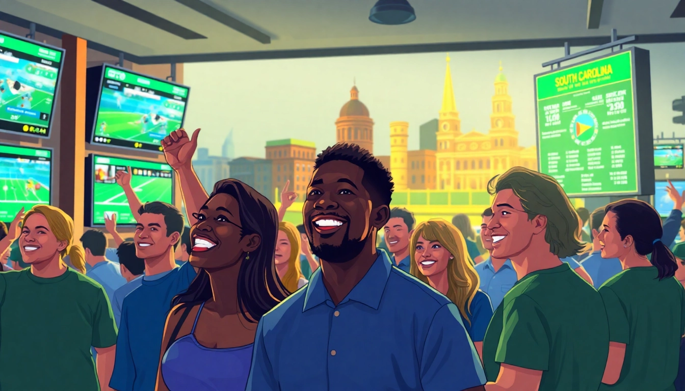 Engaged fans at sportsbooks in South Carolina cheering for their favorite team.