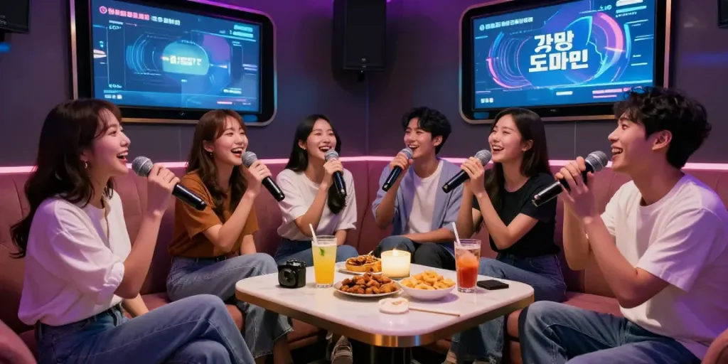 강남도파민에서 친구들과 즐기는 즐거운 노래방 모임, 화려한 조명과 아늑한 소파로 꾸며진 공간.