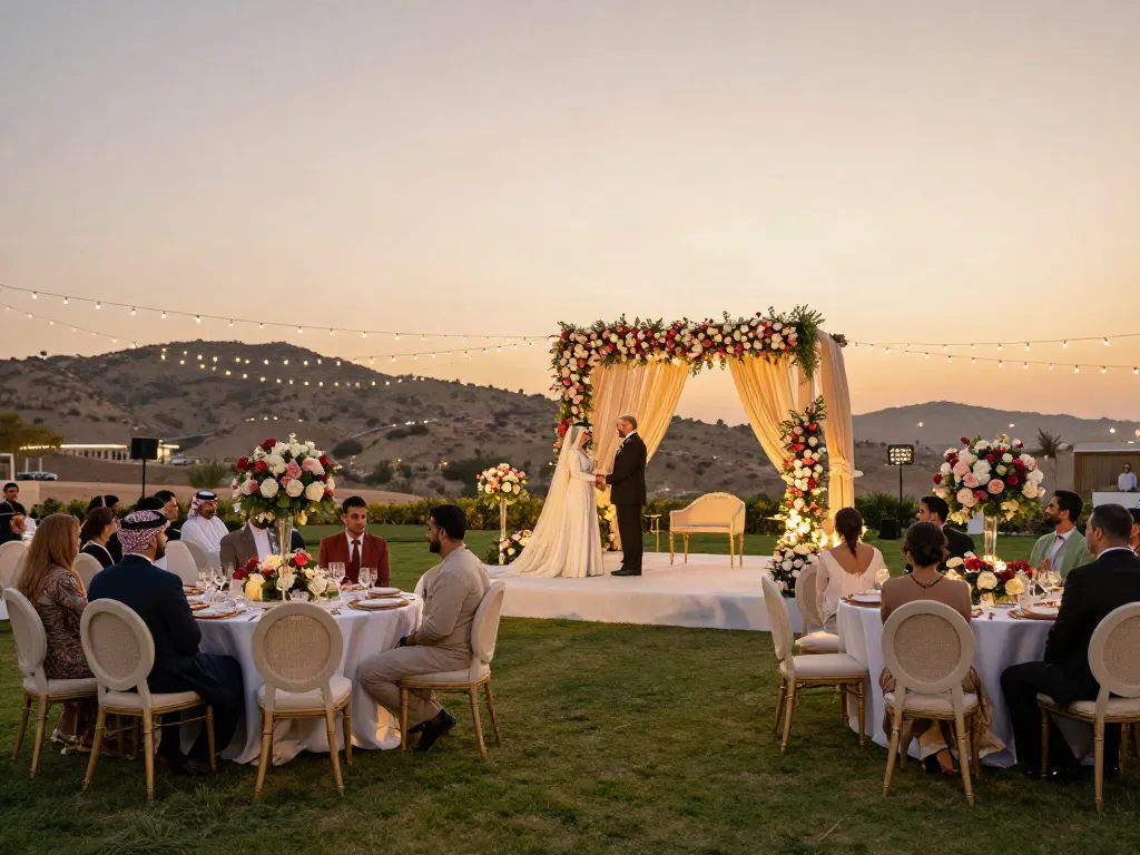 Event rental ksa - Elegant outdoor wedding setup showcasing premium seating and decor elements in Saudi Arabia.