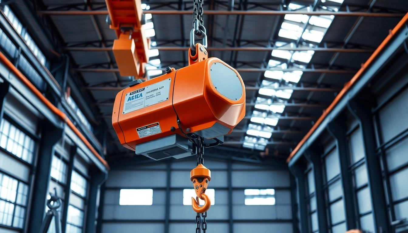 Electric chain hoist crane lifting a heavy load in a professional industrial setting.