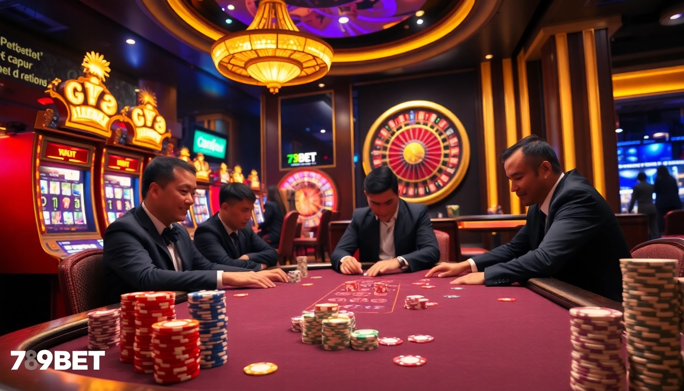 Exciting poker players at a glamorous casino table representing 789BET.