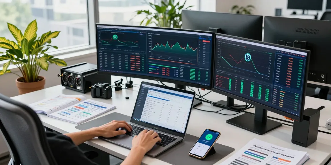 bitcoin mining investment analysis in a modern crypto workspace with multiple monitors displaying live data and profitability charts.