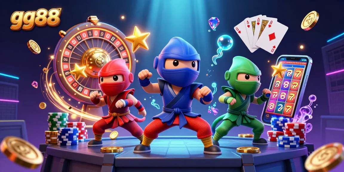 Experience the excitement of gg88 with a dynamic illustration of cartoon chameleons in action alongside gambling elements.
