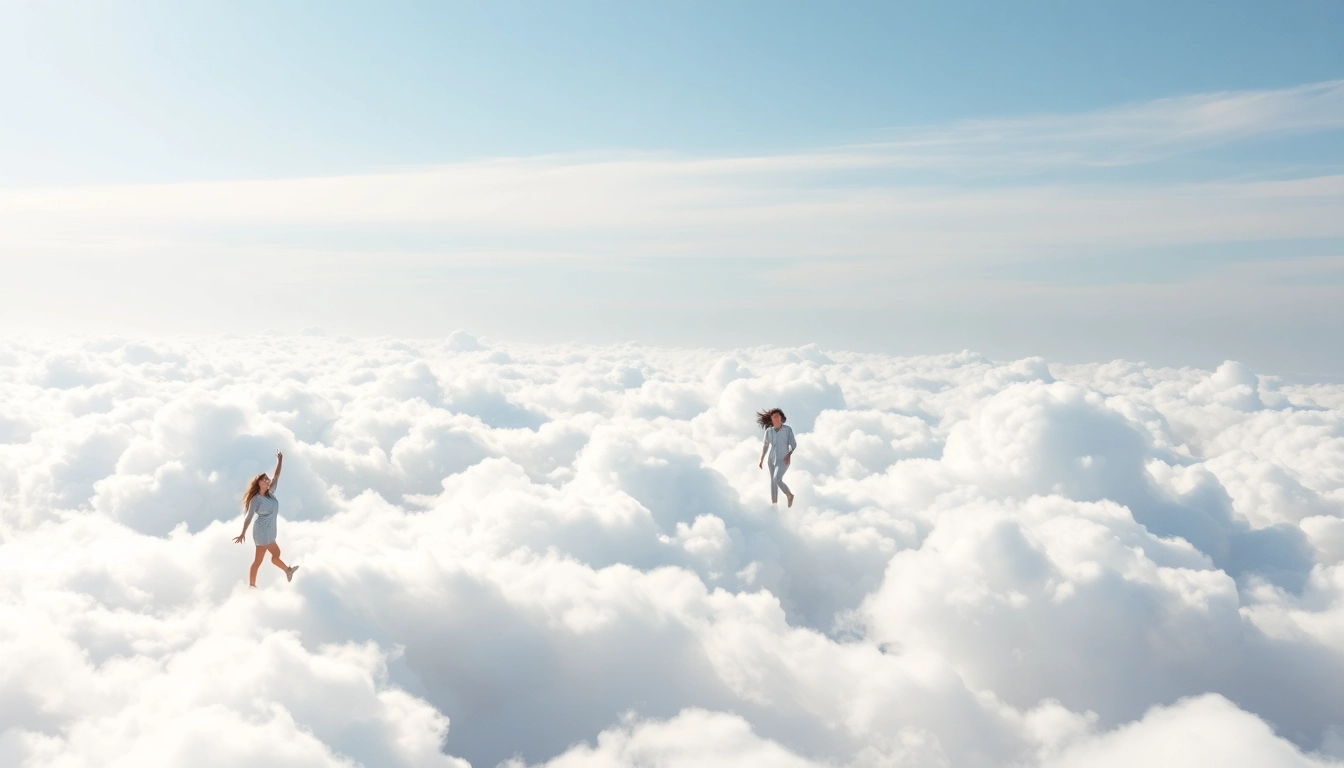Experience the surreal sensation of Walking on Clouds with joyful silhouettes amidst fluffy clouds.