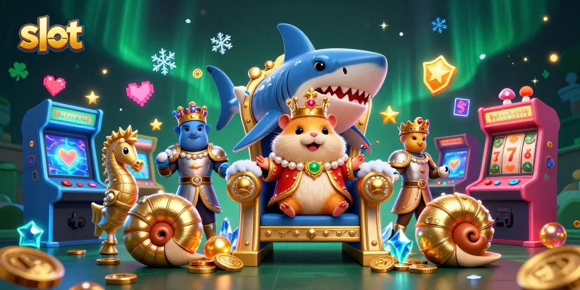 Menangkan jackpot slot dengan raja hamster emas dan elemen permainan kasino lainnya di latar belakang berkilau.