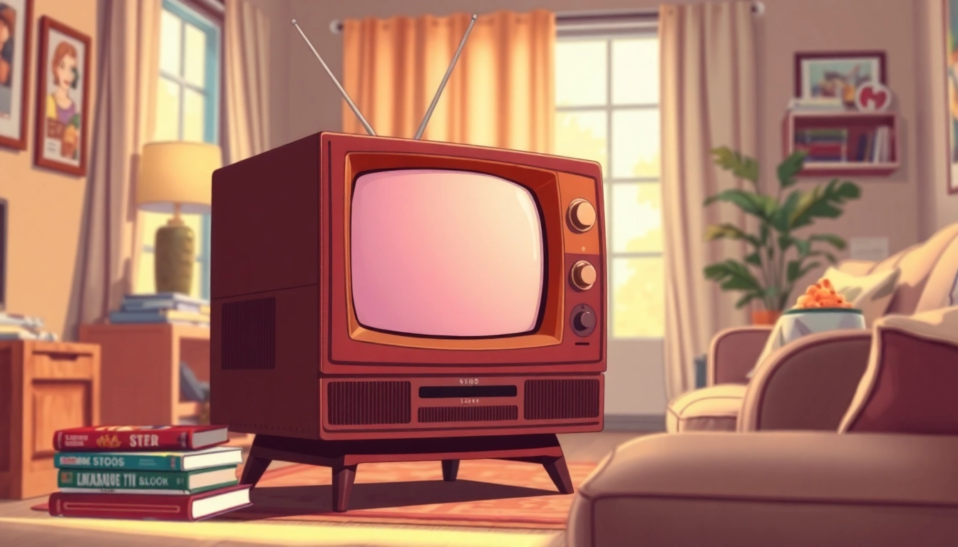 fadaeyat.com의 독특한 모양을 가진 빈티지 TV가 아늑한 거실 배경에 배치되어 있습니다.