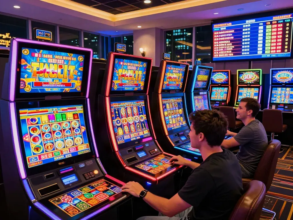 Players enjoying a lively slot game experience in a vibrant casino environment with bright machines and tokens.