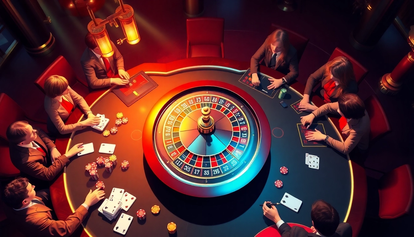 Des joueurs engagés profitent de l'action rapide à une table de casino en ligne Français 2026, avec des jetons de poker et des cartes vibrants.
