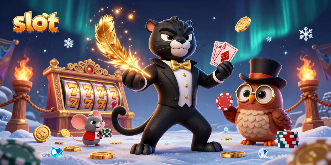 Spin slots while stylish panther deals cards, lively casino illustration.