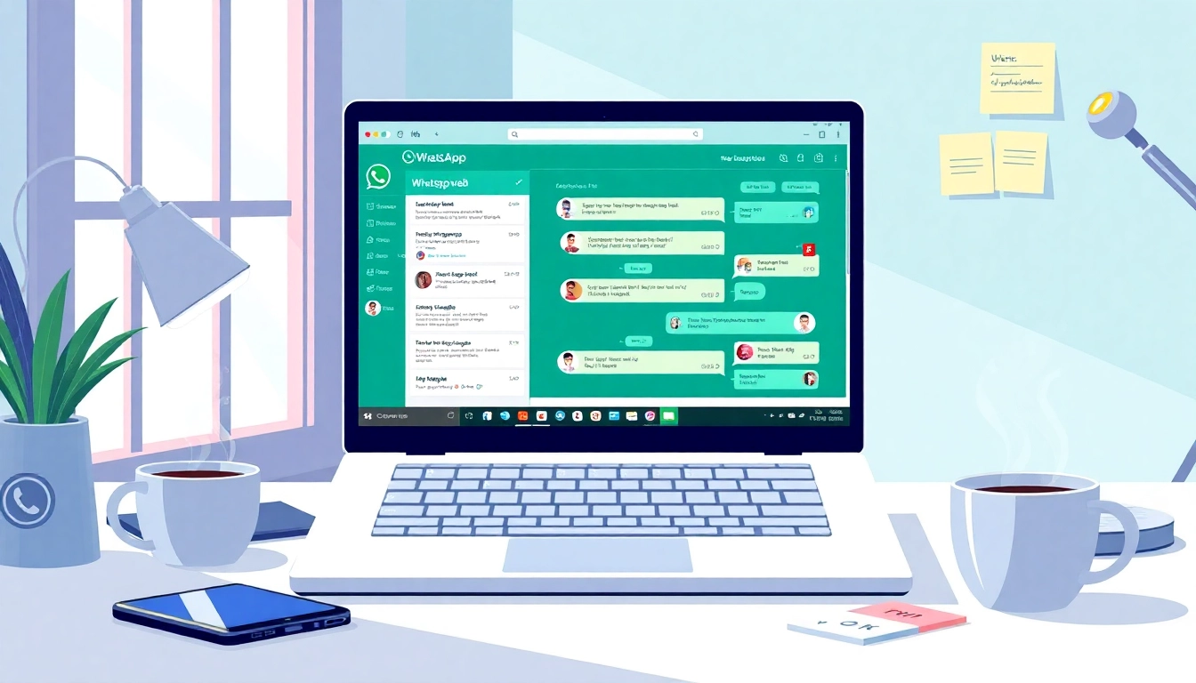 展示 WhatsApp Web 与快连VPN 实现无缝沟通的引人入胜工作场景。