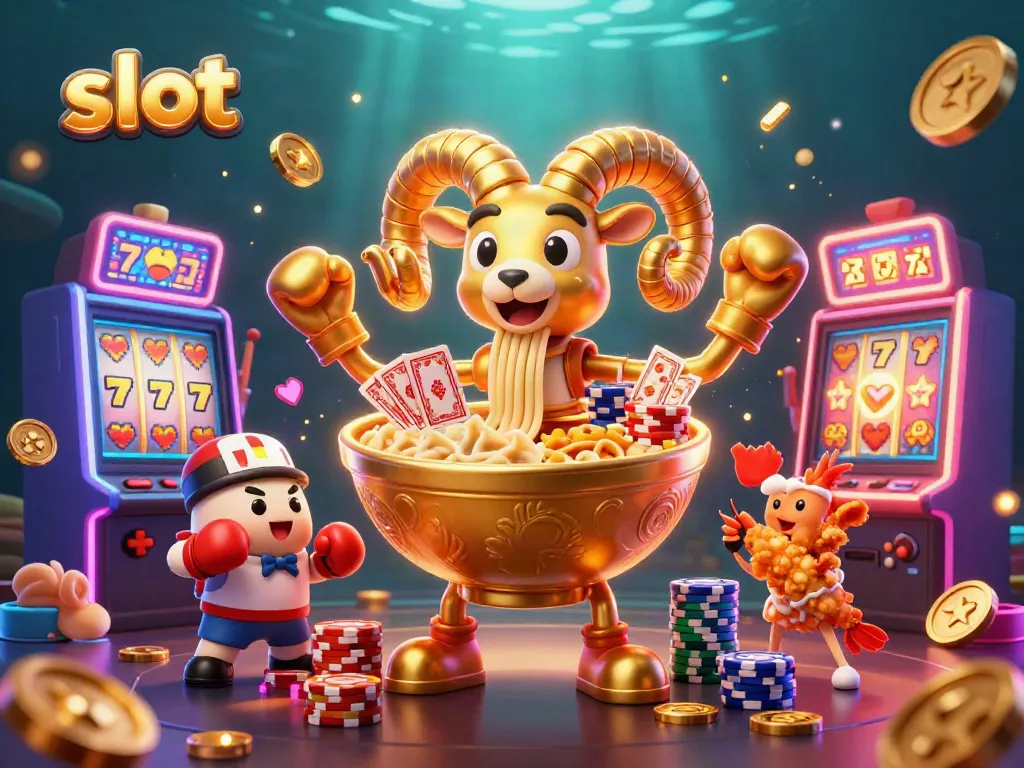 Slot mesin menghidupkan suasana kasino dengan karakter kartun 3D menarik di lingkungan yang penuh warna.