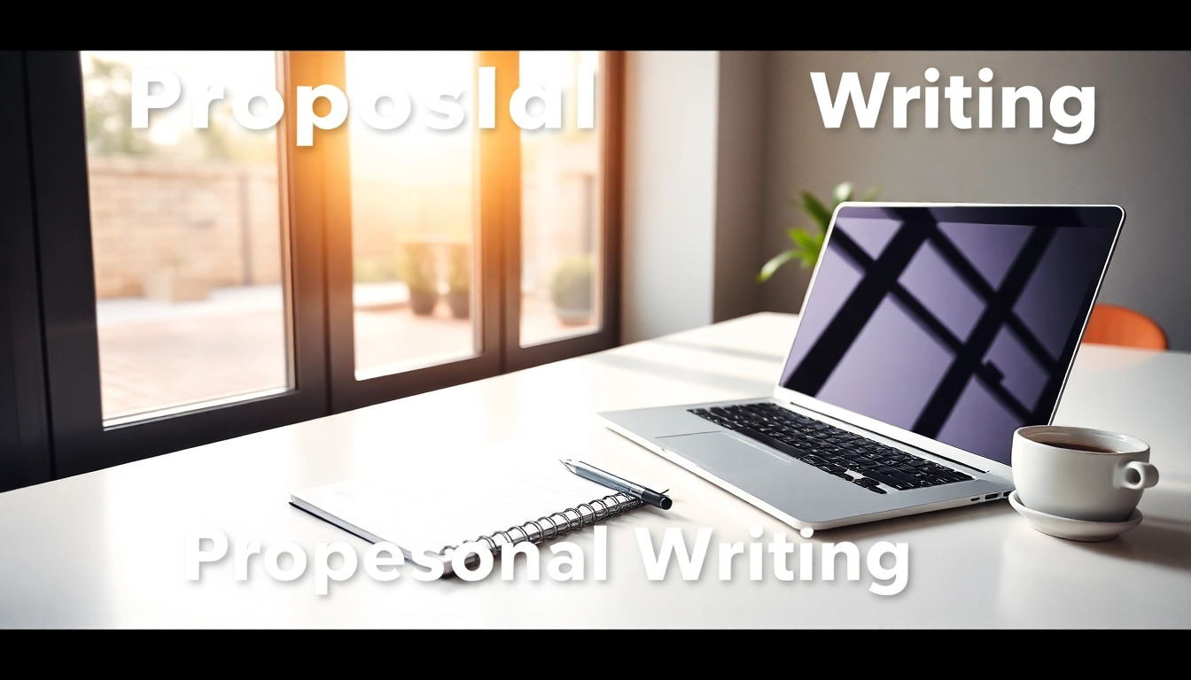Engaged workspace for Proposal Writing and Management with laptop, notes, and coffee.
