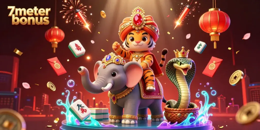 Experience the excitement of the 7meter bonus with a dynamic scene of a royal tiger and jewel-encrusted elephant.