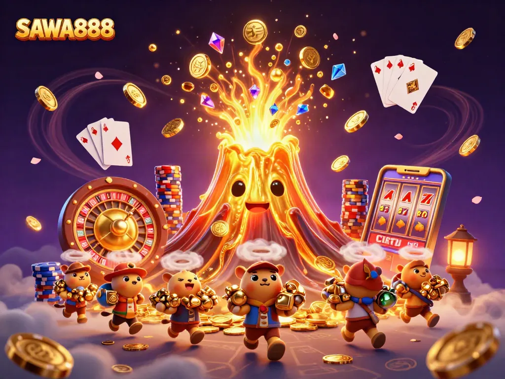 SAWA888 showcases a vibrant casino scene with a golden volcano, coins, and treasure fleeing animals.