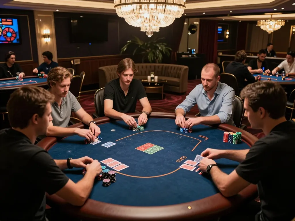 Players engage in a high-stakes poker game in the glamorous VIP area of 8kbet casino.