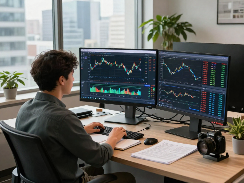 Focus on TradingView charts in a modern office setting with multiple screens displaying market analysis.