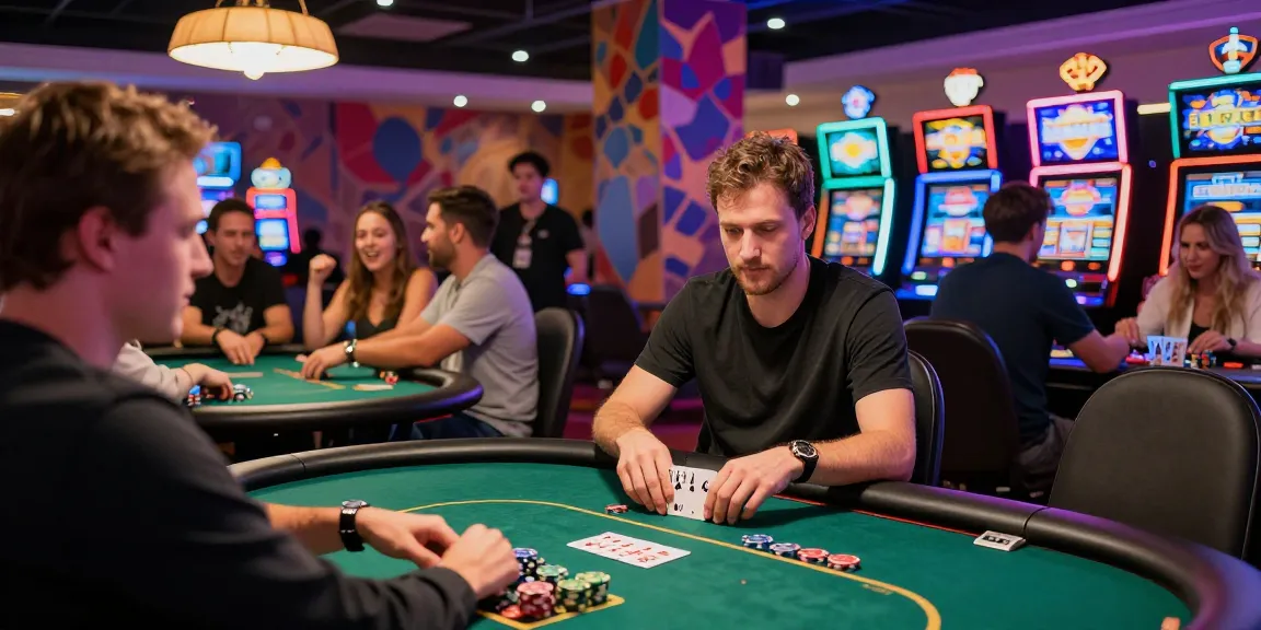 Exciting casino scene with a player engaged in rokok88 poker amidst vibrant lights and celebrations.