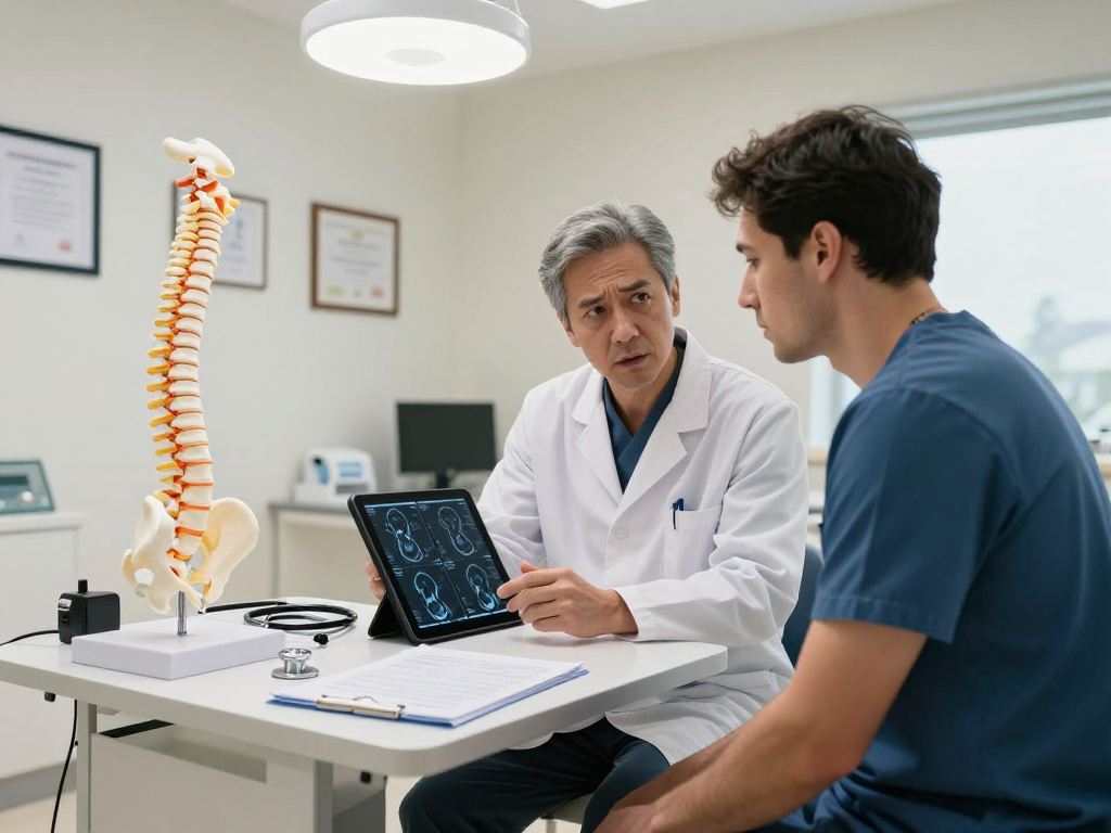 Patient discussing Boyun fıtığı ameliyatı with a neurosurgeon in a clinical examination room.