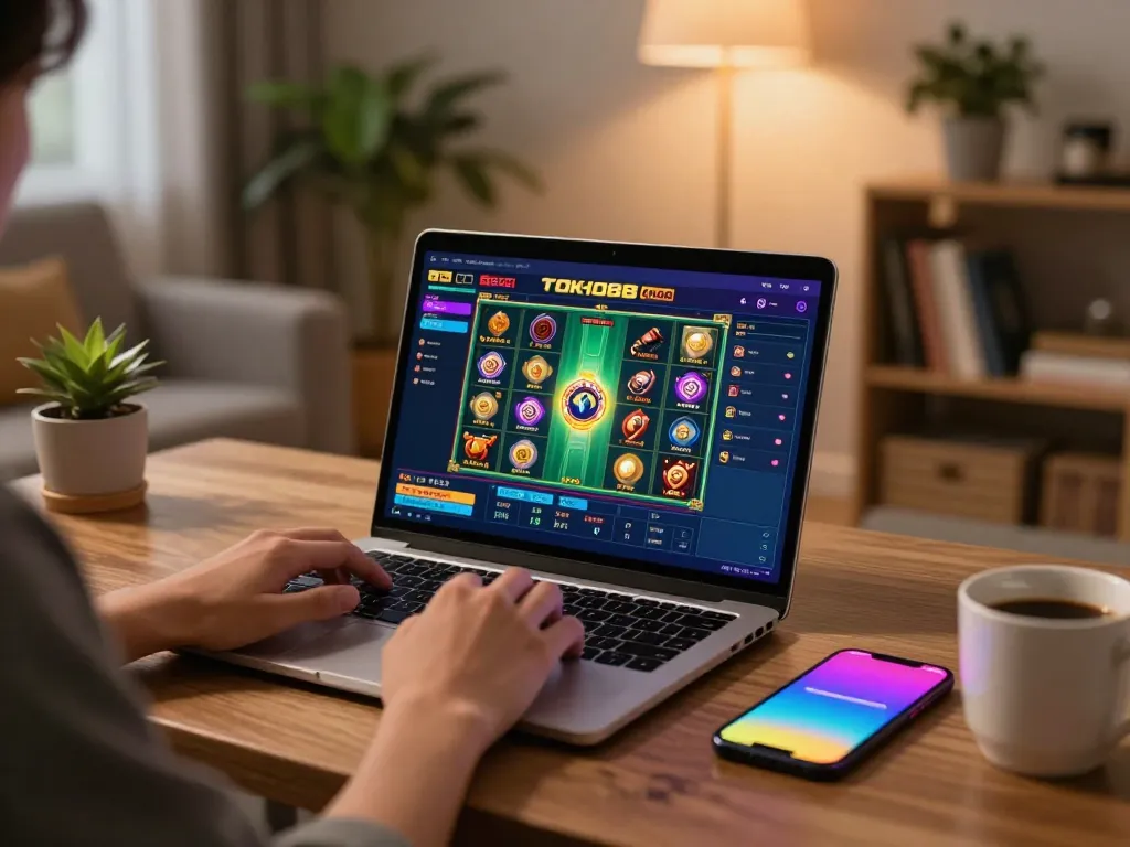 Orang yang terlibat dalam permainan slot gacor online, suasana positif dalam pengaturan rumah yang nyaman.